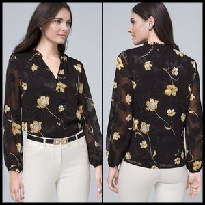 EUC WHBM Floral Tie Neck Blouse in Black and Yellow